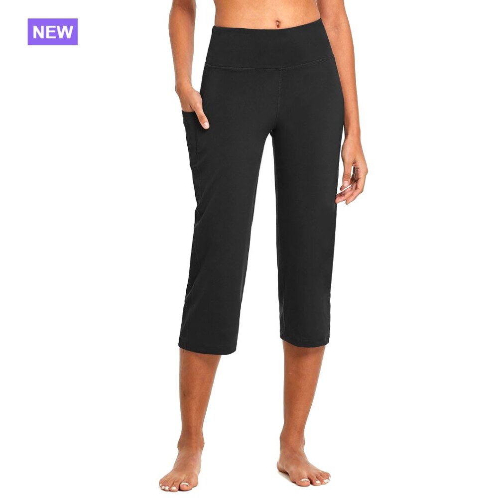 Polyester Blend High Waist Yoga Capri Pants with Pockets
